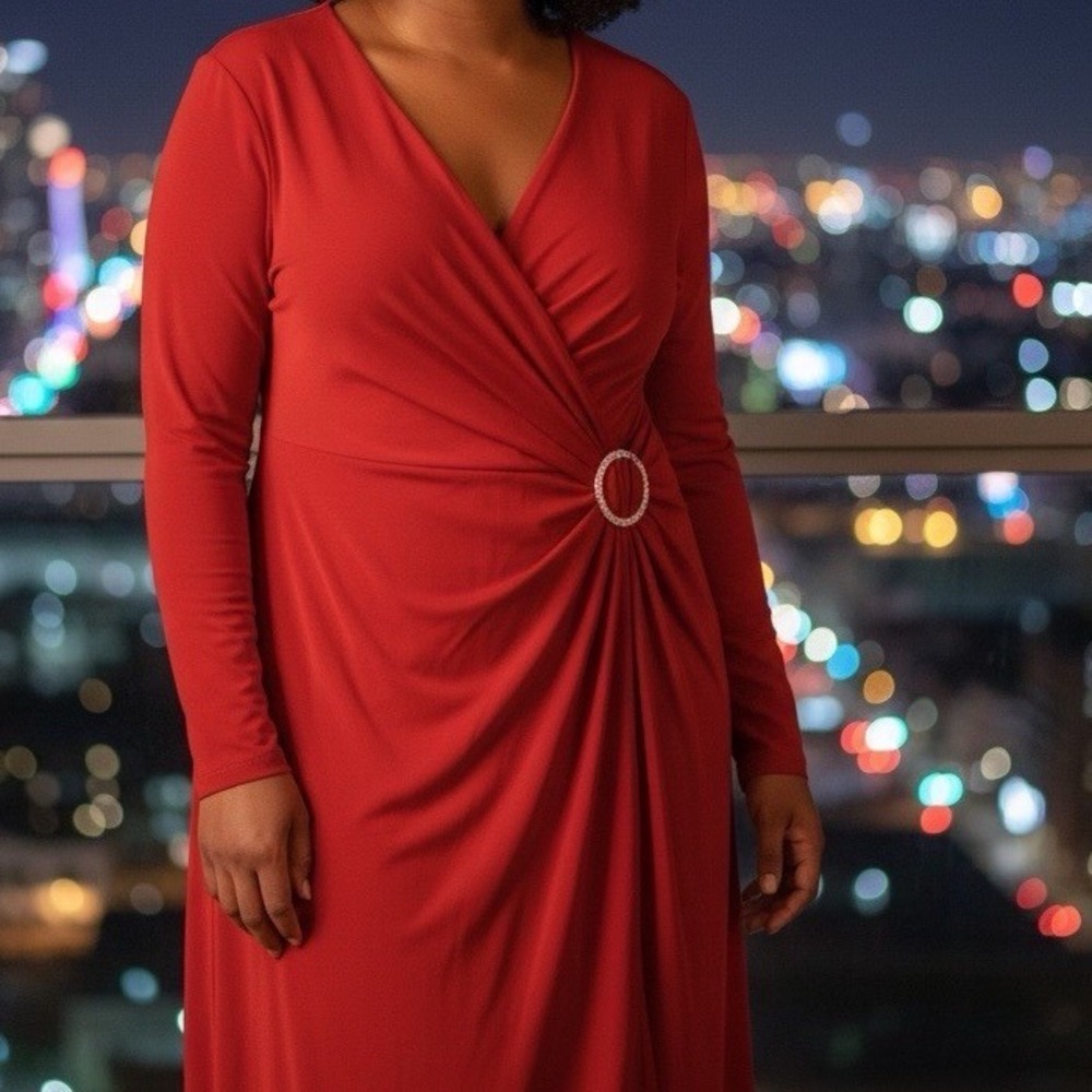 Avenue Womens Red Faux Wrap Dress Rhinestone Buckle Plus Size 30/32 NWT 79612‎